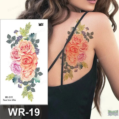 Fake Tattoo Temporary Waterproof Stickers Sexy Girls Red Rose Flower Body Art Ephemeral Peony Daisy Floral Tattoos for Women