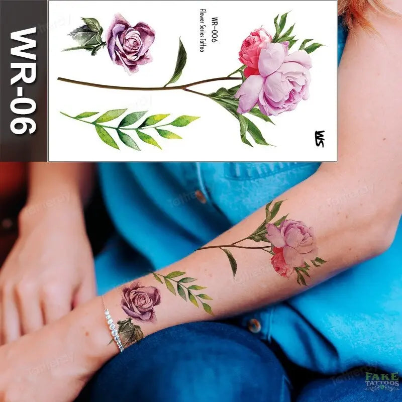 Fake Tattoo Temporary Waterproof Stickers Sexy Girls Red Rose Flower Body Art Ephemeral Peony Daisy Floral Tattoos for Women