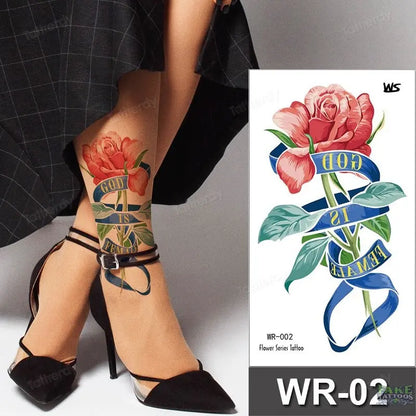 Fake Tattoo Temporary Waterproof Stickers Sexy Girls Red Rose Flower Body Art Ephemeral Peony Daisy Floral Tattoos for Women