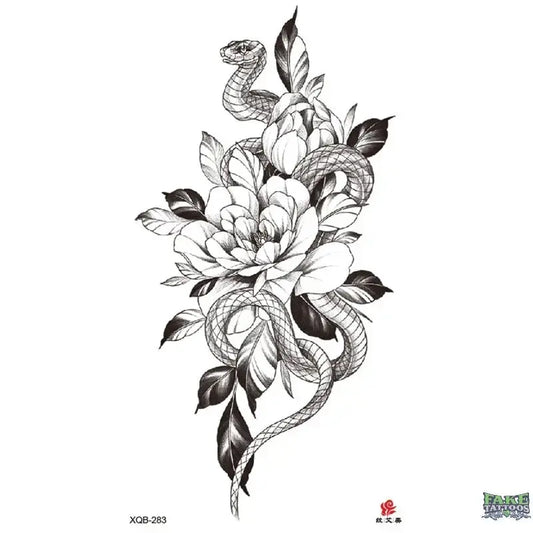 Flower Rose Leaf Snake Temporary Tattoo