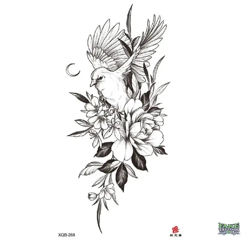 Flowers Hummingbird Moon Temporary Tattoo - Beautiful Body Art – Fake ...