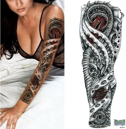 Full Arm Temporary Tattoo, Buddha and Dragon Fake Tattoo Stickers Extra Large Long Lasting Waterproof Tattoo Sleeve for Arms Legs Shoulders for Adult Woman Man Kids Teens Black Fashion Body Art - Fake Tattoos