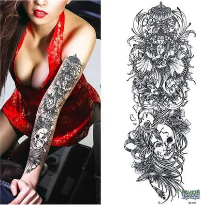 Full Arm Temporary Tattoo, Buddha and Dragon Fake Tattoo Stickers Extra Large Long Lasting Waterproof Tattoo Sleeve for Arms Legs Shoulders for Adult Woman Man Kids Teens Black Fashion Body Art - Fake Tattoos