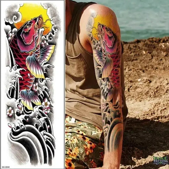 Full Arm Temporary Tattoo, Buddha and Dragon Fake Tattoo Stickers Extra Large Long Lasting Waterproof Tattoo Sleeve for Arms Legs Shoulders for Adult Woman Man Kids Teens Black Fashion Body Art - Fake Tattoos