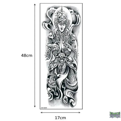 Full Arm Temporary Tattoo, Buddha and Dragon Fake Tattoo Stickers Extra Large Long Lasting Waterproof Tattoo Sleeve for Arms Legs Shoulders for Adult Woman Man Kids Teens Black Fashion Body Art - Fake Tattoos