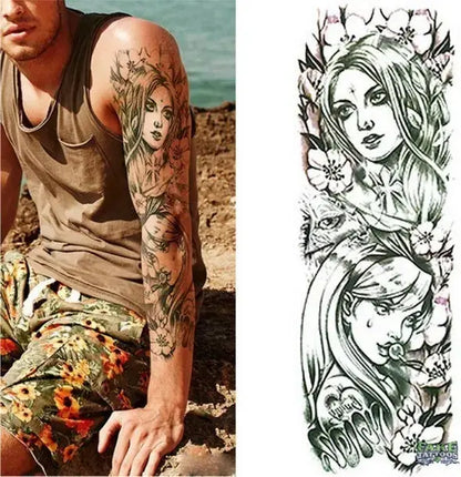 Full Arm Temporary Tattoo, Buddha and Dragon Fake Tattoo Stickers Extra Large Long Lasting Waterproof Tattoo Sleeve for Arms Legs Shoulders for Adult Woman Man Kids Teens Black Fashion Body Art - Fake Tattoos