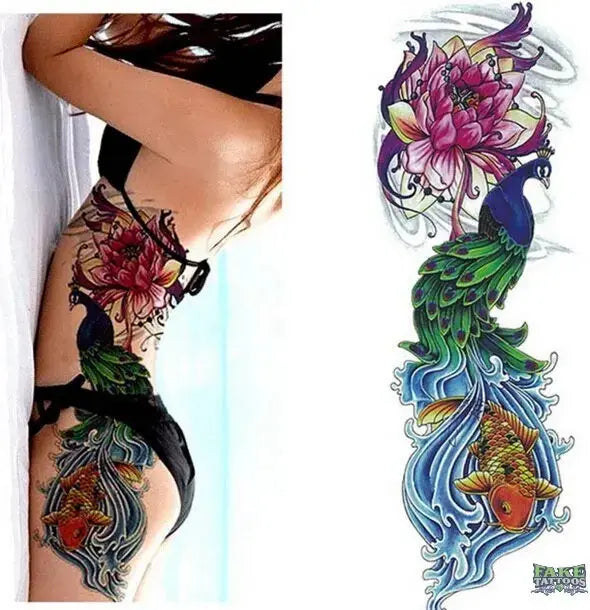 Full Arm Temporary Tattoo, Buddha and Dragon Fake Tattoo Stickers Extra Large Long Lasting Waterproof Tattoo Sleeve for Arms Legs Shoulders for Adult Woman Man Kids Teens Black Fashion Body Art - Fake Tattoos