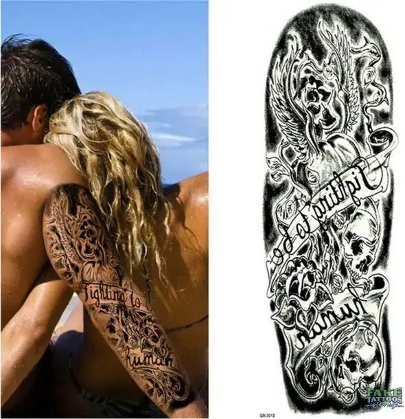 Full Arm Temporary Tattoo, Buddha and Dragon Fake Tattoo Stickers Extra Large Long Lasting Waterproof Tattoo Sleeve for Arms Legs Shoulders for Adult Woman Man Kids Teens Black Fashion Body Art - Fake Tattoos