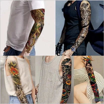 Full Arm Temporary Tattoo, Buddha and Dragon Fake Tattoo Stickers Extra Large Long Lasting Waterproof Tattoo Sleeve for Arms Legs Shoulders for Adult Woman Man Kids Teens Black Fashion Body Art - Fake Tattoos