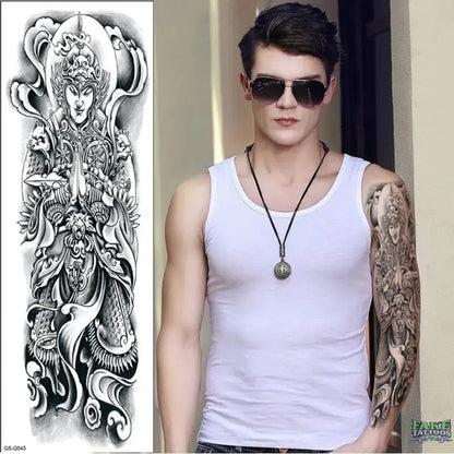 Full Arm Temporary Tattoo, Buddha and Dragon Fake Tattoo Stickers Extra Large Long Lasting Waterproof Tattoo Sleeve for Arms Legs Shoulders for Adult Woman Man Kids Teens Black Fashion Body Art - Fake Tattoos