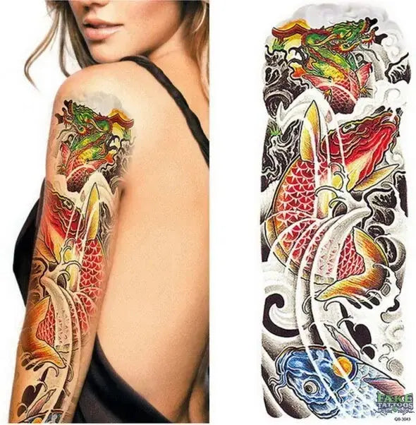 Full Arm Temporary Tattoo, Buddha and Dragon Fake Tattoo Stickers Extra Large Long Lasting Waterproof Tattoo Sleeve for Arms Legs Shoulders for Adult Woman Man Kids Teens Black Fashion Body Art - Fake Tattoos