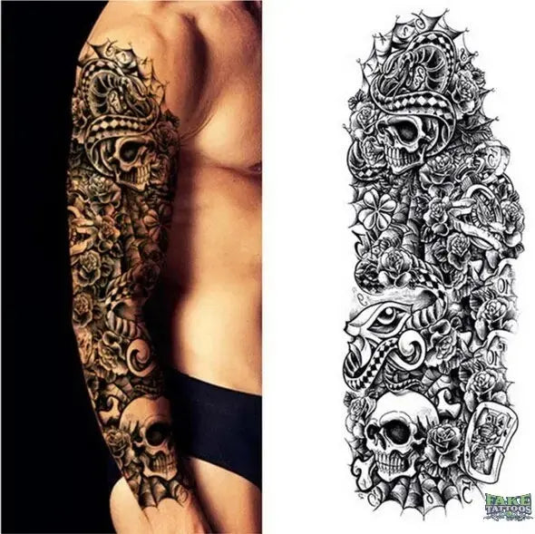 Full Arm Temporary Tattoo, Buddha and Dragon Fake Tattoo Stickers Extra Large Long Lasting Waterproof Tattoo Sleeve for Arms Legs Shoulders for Adult Woman Man Kids Teens Black Fashion Body Art - Fake Tattoos