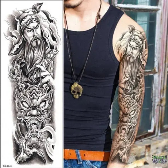 Full Arm Temporary Tattoo, Buddha and Dragon Fake Tattoo Stickers Extra Large Long Lasting Waterproof Tattoo Sleeve for Arms Legs Shoulders for Adult Woman Man Kids Teens Black Fashion Body Art - Fake Tattoos