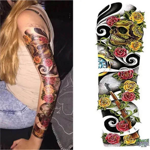 Full Arm Temporary Tattoo, Buddha and Dragon Fake Tattoo Stickers Extra Large Long Lasting Waterproof Tattoo Sleeve for Arms Legs Shoulders for Adult Woman Man Kids Teens Black Fashion Body Art - Fake Tattoos