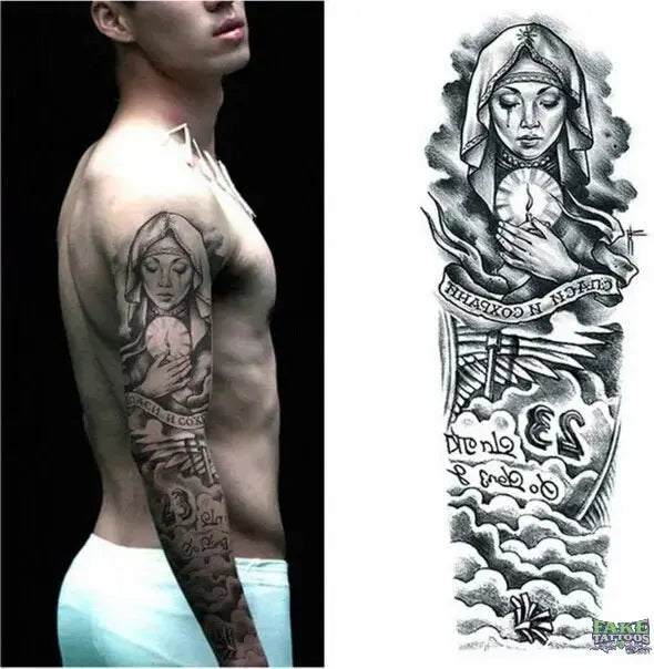 Full Arm Temporary Tattoo, Buddha and Dragon Fake Tattoo Stickers Extra Large Long Lasting Waterproof Tattoo Sleeve for Arms Legs Shoulders for Adult Woman Man Kids Teens Black Fashion Body Art - Fake Tattoos