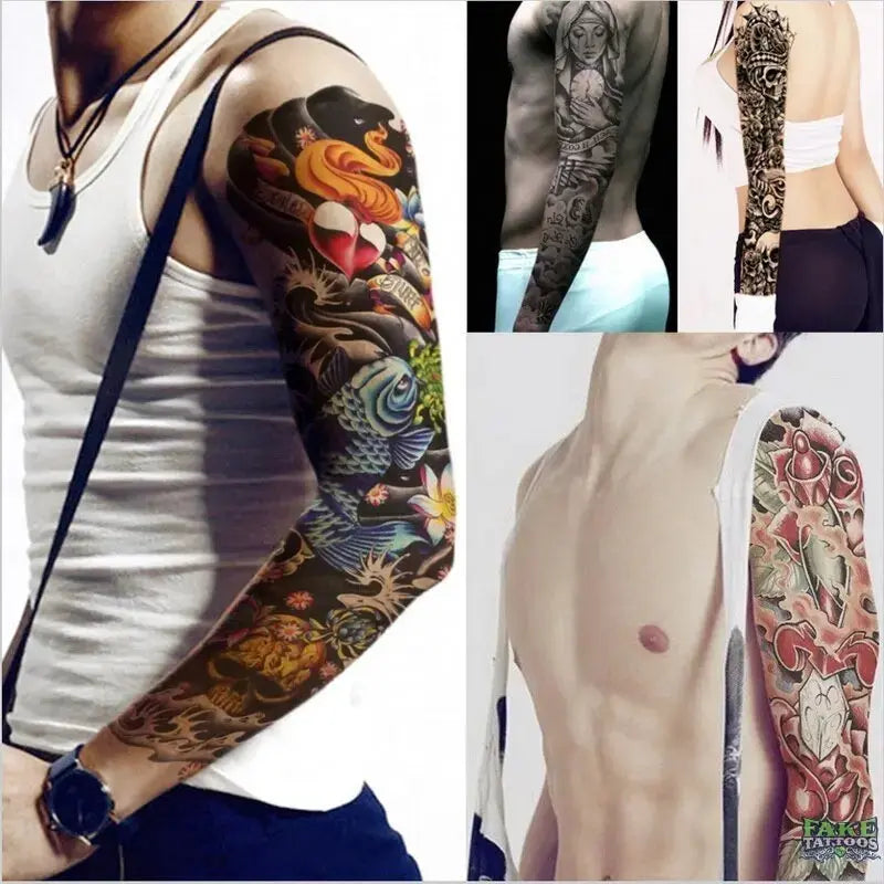 Full Arm Temporary Tattoo, Buddha and Dragon Fake Tattoo Stickers Extra Large Long Lasting Waterproof Tattoo Sleeve for Arms Legs Shoulders for Adult Woman Man Kids Teens Black Fashion Body Art - Fake Tattoos