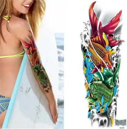 Full Arm Temporary Tattoo, Buddha and Dragon Fake Tattoo Stickers Extra Large Long Lasting Waterproof Tattoo Sleeve for Arms Legs Shoulders for Adult Woman Man Kids Teens Black Fashion Body Art - Fake Tattoos