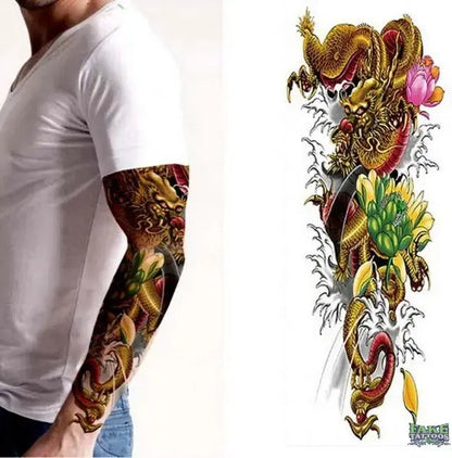 Full Arm Temporary Tattoo, Buddha and Dragon Fake Tattoo Stickers Extra Large Long Lasting Waterproof Tattoo Sleeve for Arms Legs Shoulders for Adult Woman Man Kids Teens Black Fashion Body Art - Fake Tattoos