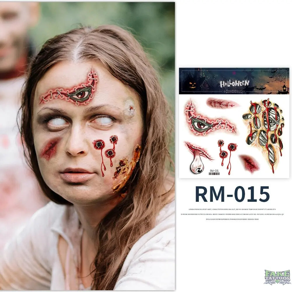 Halloween Zombie Scars Tattoos Fake Scab Bloody Makeup Halloween Decoration Wound Scary Blood Injury Sticker 3D Waterproof Face