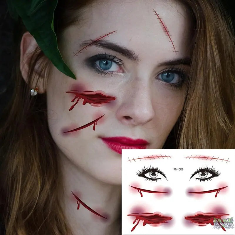 Halloween Zombie Scars Tattoos Fake Scab Bloody Makeup Halloween Decoration Wound Scary Blood Injury Sticker 3D Waterproof Face