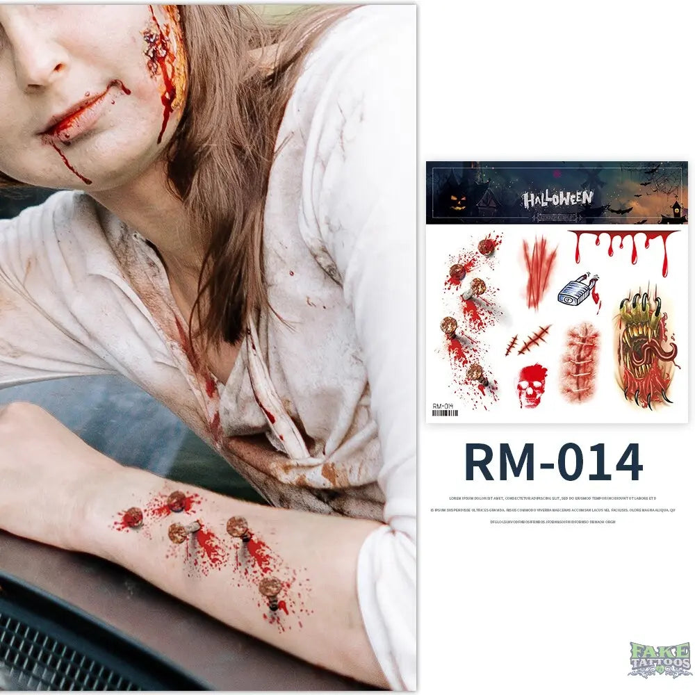 Halloween Zombie Scars Tattoos Fake Scab Bloody Makeup Halloween Decoration Wound Scary Blood Injury Sticker 3D Waterproof Face