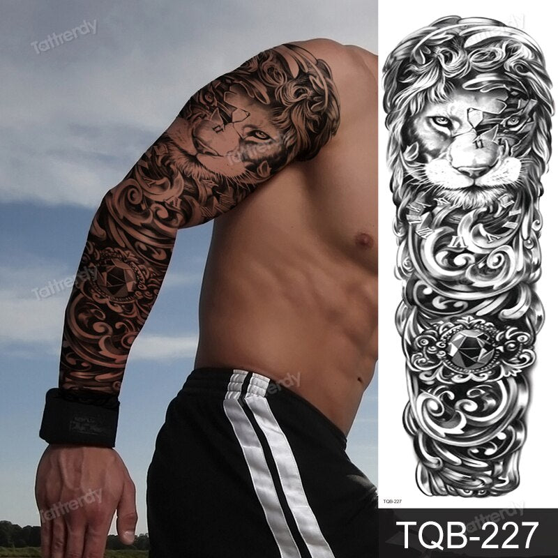 Sleeve tattoo windswept pine tree before lake with low hills on far side of  lake. Mastiff