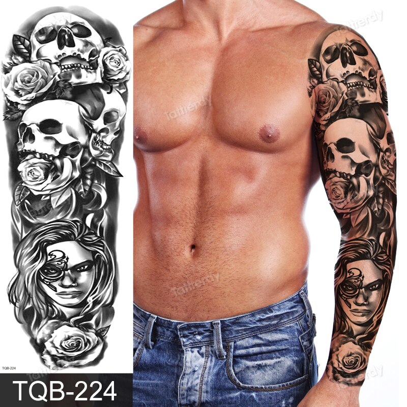 Skull Sleeve Tattoo Designs for Men Full Arm TemporaryTattoos Large Tiger  Lion | eBay