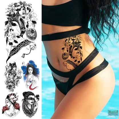 Japanese Geisha Temporary Tattoo Dark Moon Girl Waterproof Tattoo Sticker Sexy Body Art Tattoo for Women Girls Beauty Decal