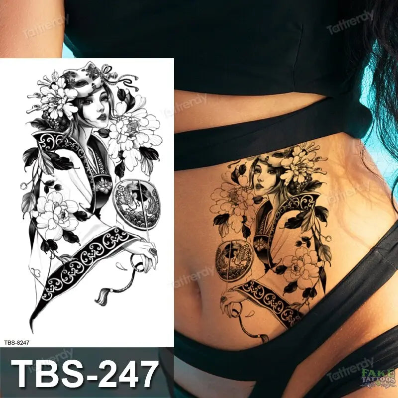 Japanese Geisha Temporary Tattoo Dark Moon Girl Waterproof Tattoo Sticker Sexy Body Art Tattoo for Women Girls Beauty Decal