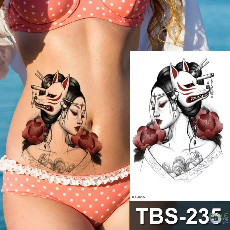 Japanese Geisha Temporary Tattoo Dark Moon Girl Waterproof Tattoo Sticker Sexy Body Art Tattoo for Women Girls Beauty Decal