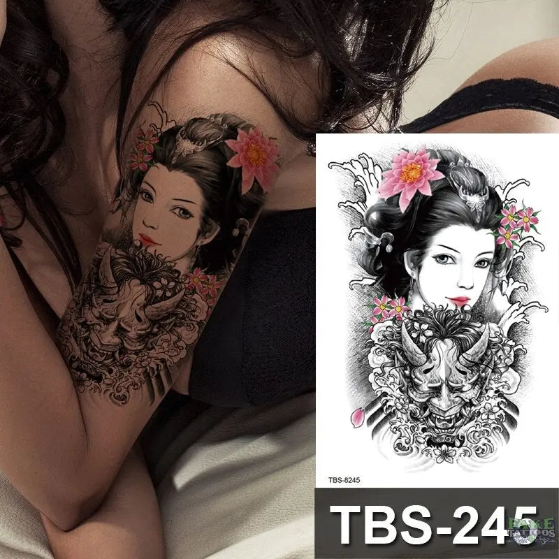 Japanese Geisha Temporary Tattoo Dark Moon Girl Waterproof Tattoo Sticker Sexy Body Art Tattoo for Women Girls Beauty Decal