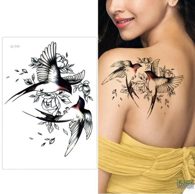 Temporary Tattoos Bird Rose Flowers