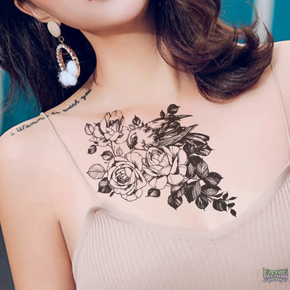 Temporary Tattoos Bird Rose Flowers