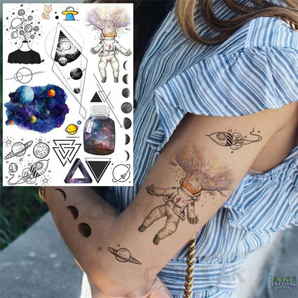 33 Sheets Outer Space Temporary Tattoos For Women Men Arm Fake Tattoo  Geometric Astronaut Planets Galaxy Tatoos Stickers Black - AliExpress