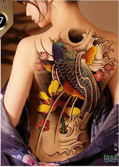 Sheets Temporary Tattoos Large Koi Fish Body Tattoos Sticker for Men Women Waterproof Fake Tattoos