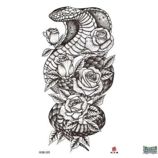 Tatuaje temporal de rosas y flores de serpiente