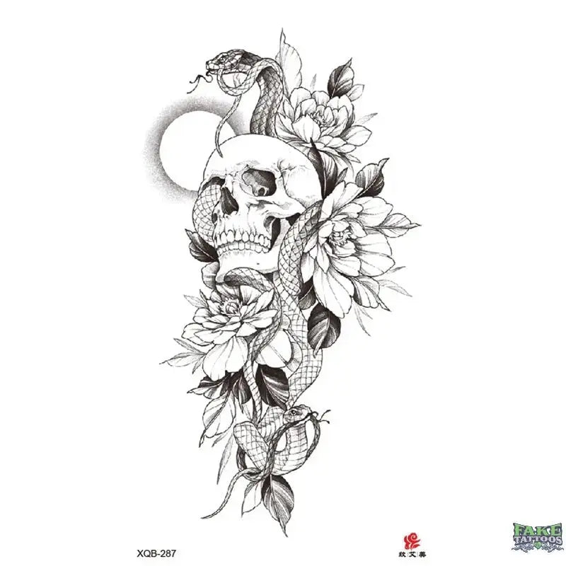 Tatuaje temporal de flores de calavera de serpiente