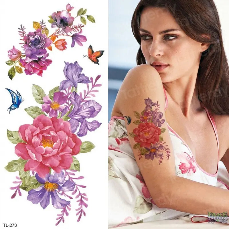 Tatuaje temporal de acuarela, pegatinas para arte corporal para mujer, brazo, rama de caña, Tatuaje falso, flor geométrica, lavanda, tatuaje Sexy para chica