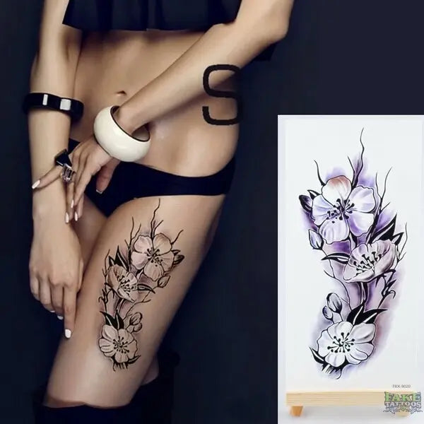 Tatuaje temporal de acuarela, pegatinas para arte corporal para mujer, brazo, rama de caña, Tatuaje falso, flor geométrica, lavanda, tatuaje Sexy para chica