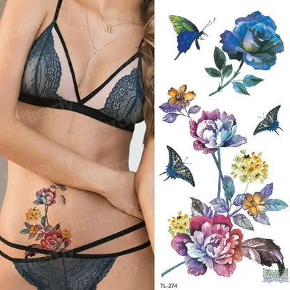 Tatuaje temporal de acuarela, pegatinas para arte corporal para mujer, brazo, rama de caña, Tatuaje falso, flor geométrica, lavanda, tatuaje Sexy para chica