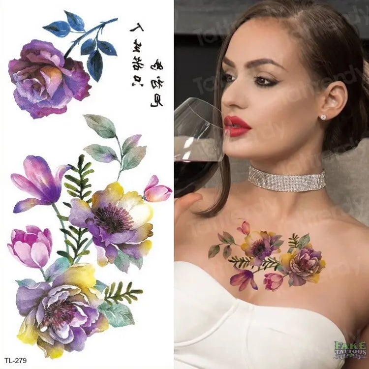 Tatuaje temporal de acuarela, pegatinas para arte corporal para mujer, brazo, rama de caña, Tatuaje falso, flor geométrica, lavanda, tatuaje Sexy para chica