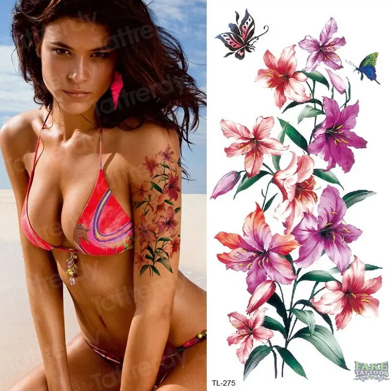 Tatuaje temporal de acuarela, pegatinas para arte corporal para mujer, brazo, rama de caña, Tatuaje falso, flor geométrica, lavanda, tatuaje Sexy para chica