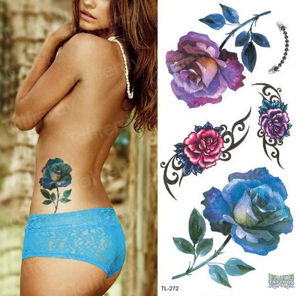 Watercolor Temporary Tattoo Stickers Women Body Art Arm Reed Branch Fake Tatoo Geometry Flower Lavender Sexy Tattoo Girl Sticker