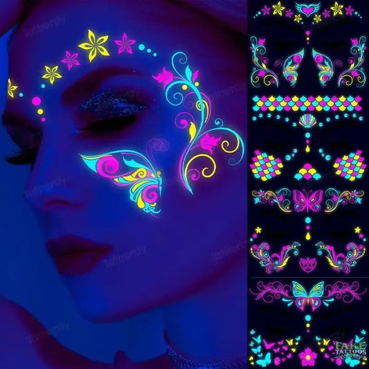 Tatuajes temporales con luz UV a prueba de agua, brillo luminoso en la oscuridad, fiesta, Bar nocturno, mariposa, plumas, estrellas, cara, belleza, tatuajes adhesivos