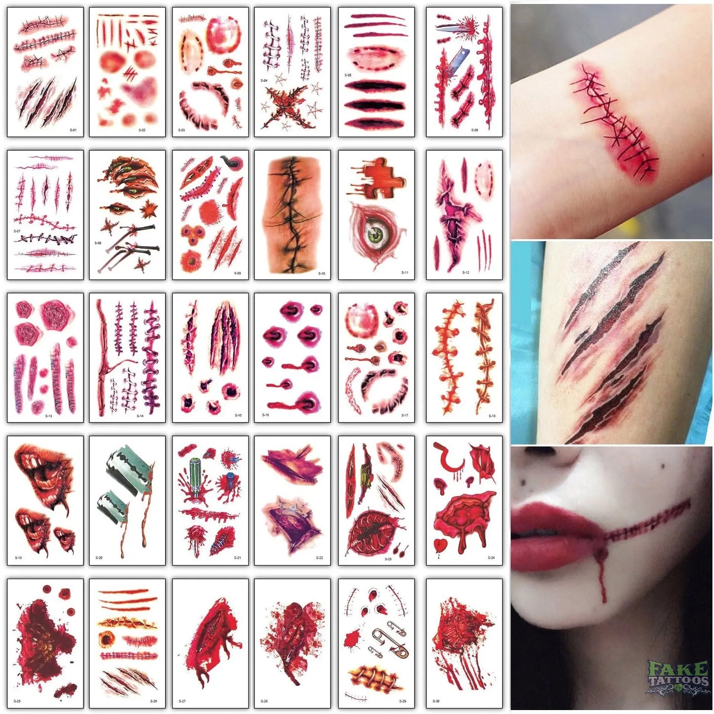 30pcs/lot halloween face tattoo sticker zombie scars tattoos with fake scab blood temporary tattoos stars transfer tatoo sets