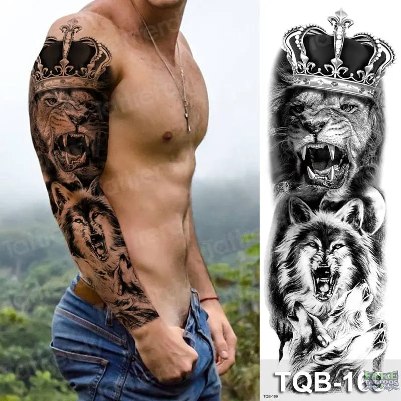 Lion Black Temporary Tattoos For Men Sticker Rose Crown Tiger Wolf Forest  Tatu Arm Waist Women Body Art Glitter Fake Tato Kids - AliExpress