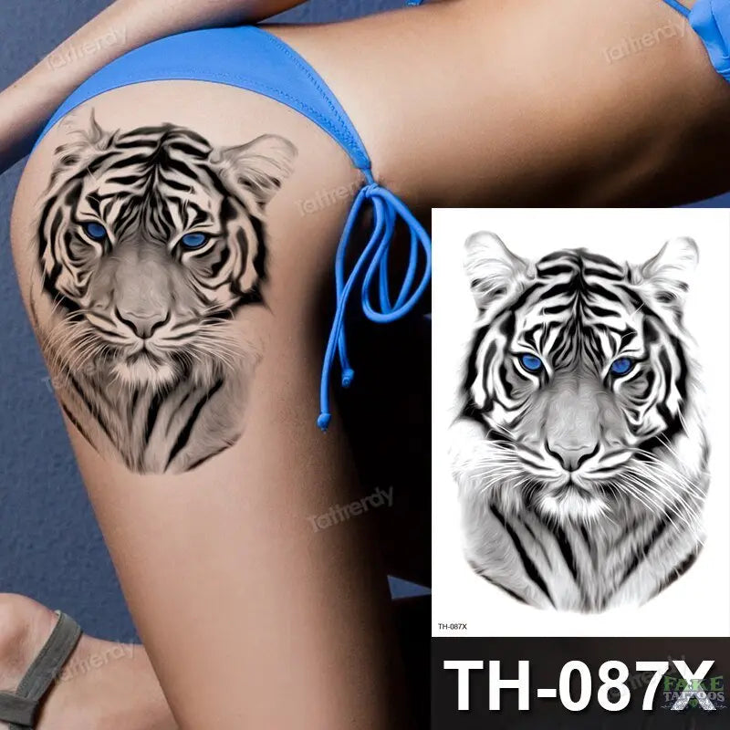Temporary Tattoo Black White Animal Tiger Head Flower - Temu
