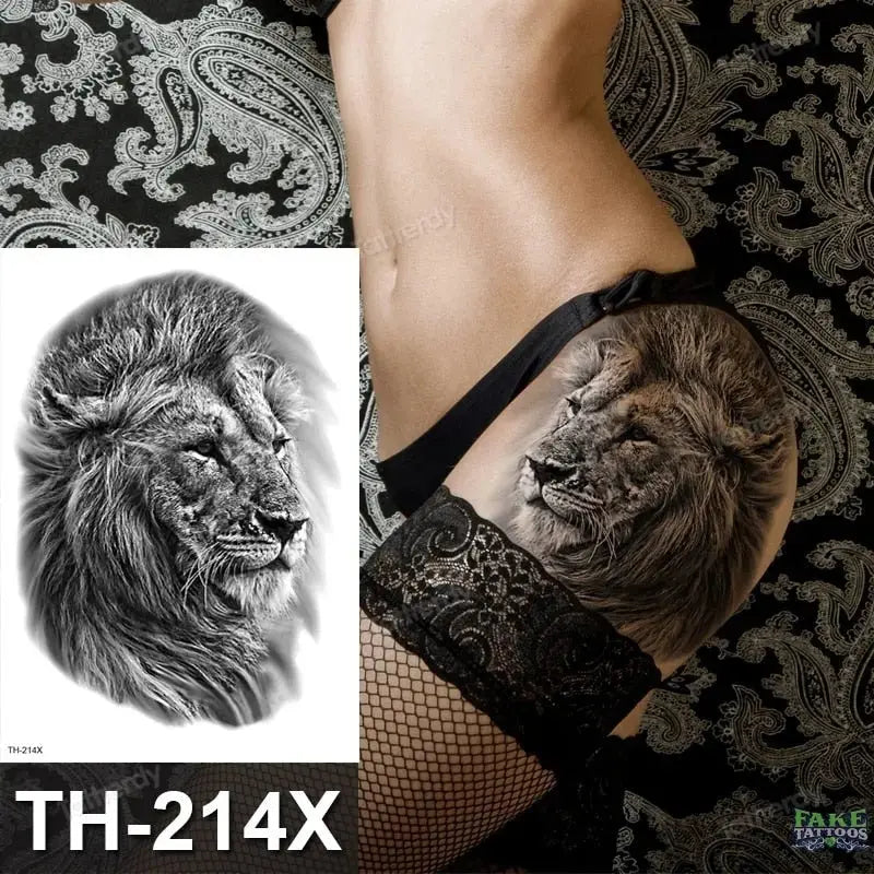 Lobo león tigre tatuaje animales bosque impermeable grande tatuaje temporal mujeres pierna muslo cadera sexy cuerpo tatuaje pegatinas negro falso