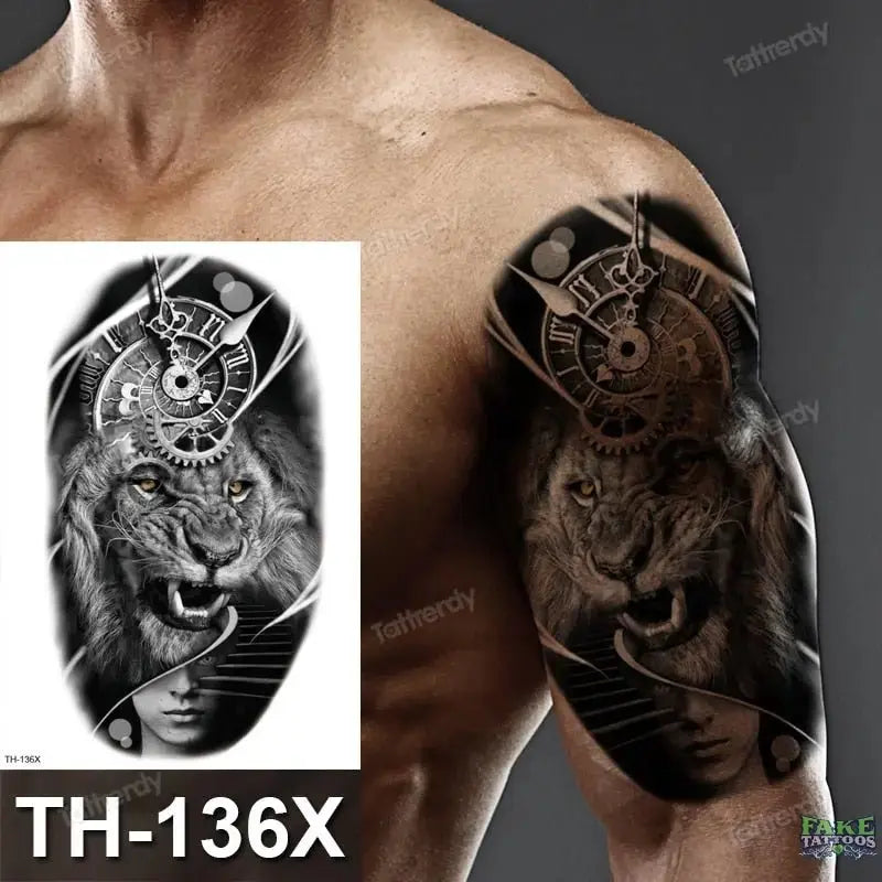 Lobo león tigre tatuaje animales bosque impermeable grande tatuaje temporal mujeres pierna muslo cadera sexy cuerpo tatuaje pegatinas negro falso