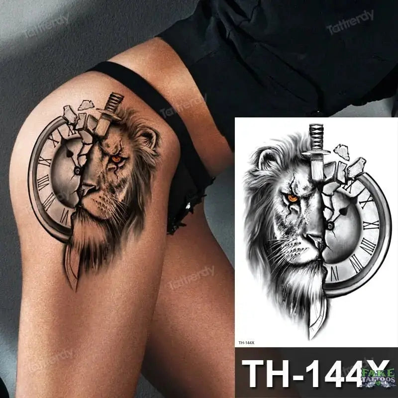 Lobo león tigre tatuaje animales bosque impermeable grande tatuaje temporal mujeres pierna muslo cadera sexy cuerpo tatuaje pegatinas negro falso